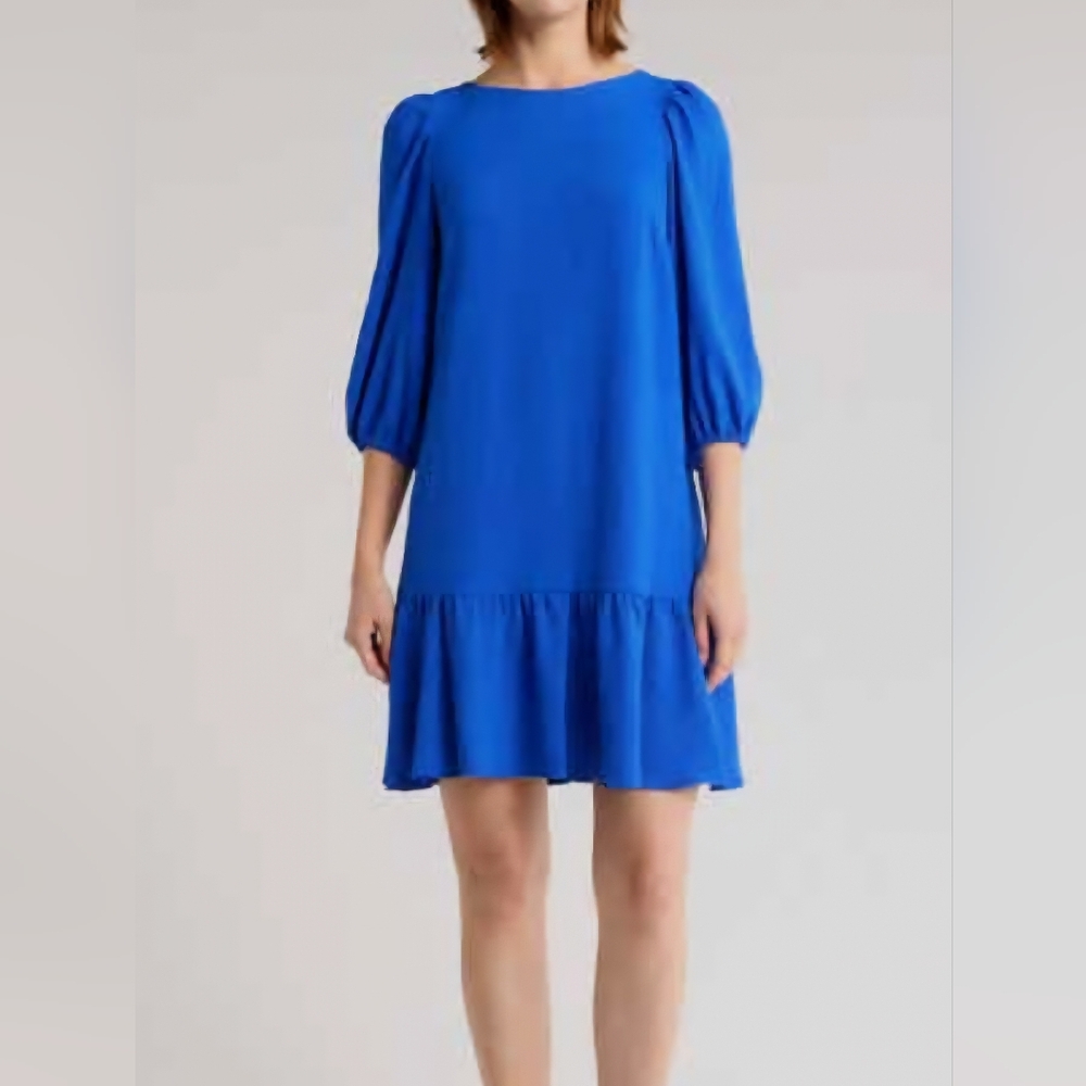 DKNY Royal Blue Drop Waist Ruffle Hem Puff Sleeve Shift Dress Womens Size 12‎